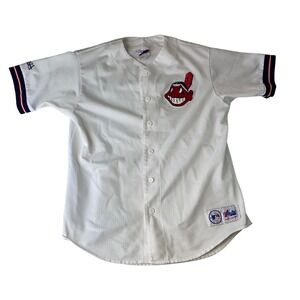 Vintage 90s Cleveland Indians Jersey Mens L White Chief Wahoo USA Majestic MLB